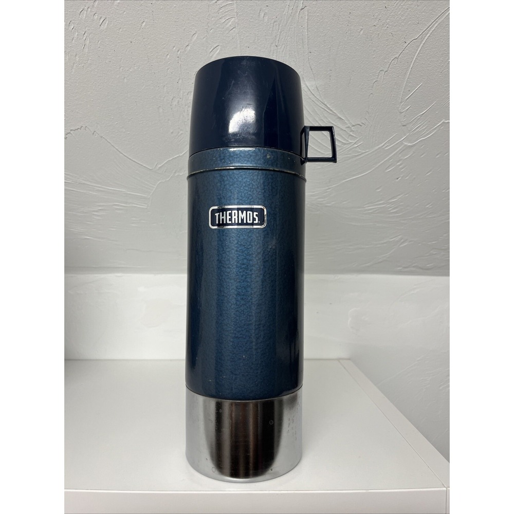 Vintage Thermos Model 2480 Hammertone Blue 1 Liter Vacuum Bottle USA Made